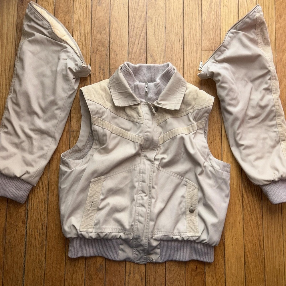 Vintage Khaki Corduroy 2-in-1 Coat Vest Chevron Motif  Sherpa Lined SMALL GVC‎